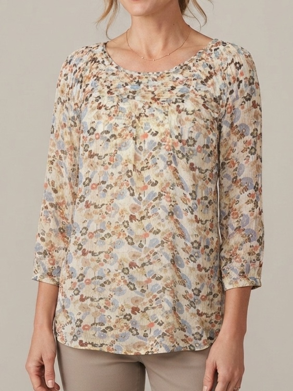 Lauren Conrad Sheer Autumn Floral Blouse Pintuck 3/4 Sleeve Boho Top Small